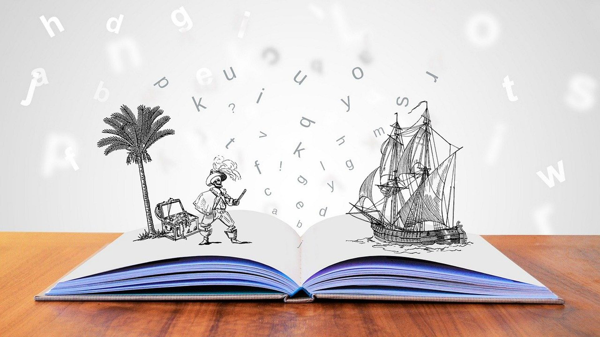 book open on a table with a sceen of a pirate and ship popping out