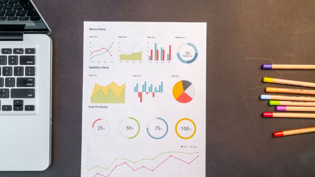 graphs next to a laptop and colored pencils