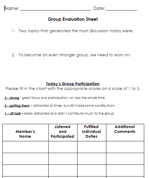 Group evalution sheet example