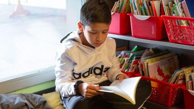 young boy reading a book in a library