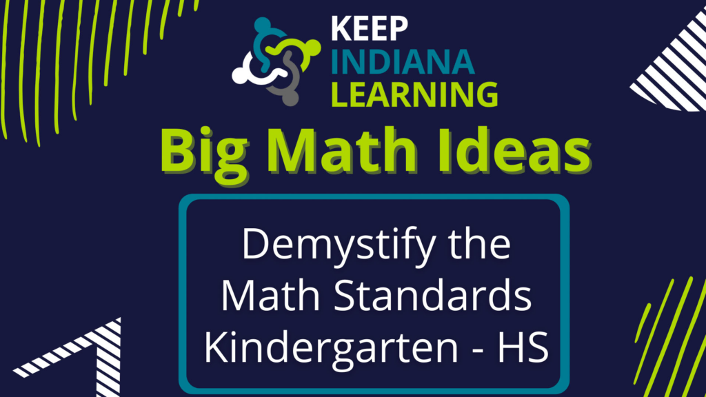 These Big Math Ideas for Kindergarten through Algebra 2 take a mathematician's approach to the Indiana Academic Standards. Each grade level’s Big Math Ideas are represented in 3 different ways: a visual, a narrative, and indicators of mastery.