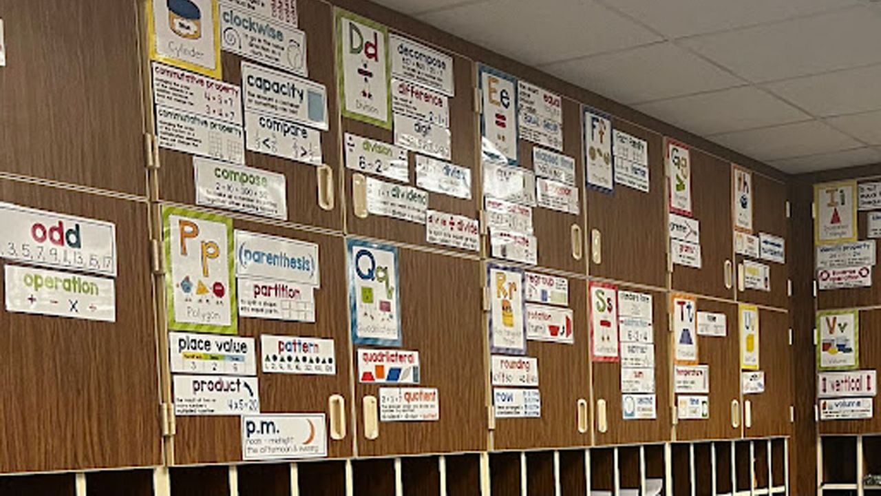 classroom wall full of math projects posted