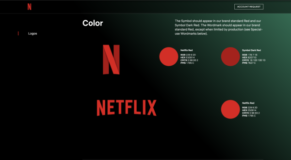 Netflix's style guide includes multiple color values for each brand color next to each logo.