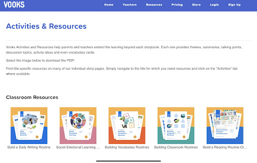 Screenshot of the Vooks Activities and Resources page.