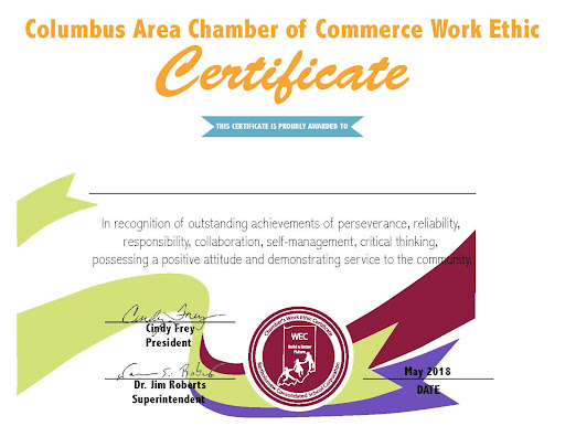 Columbus Area Chamber of Commerce Work Ethic Certificate.