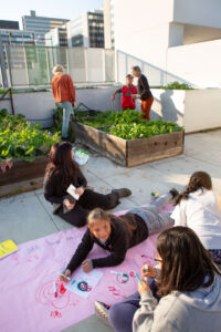 Students working outside in a community garden space.