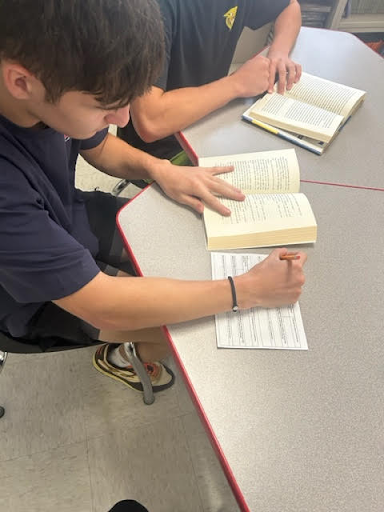 Student making notes from a book.
