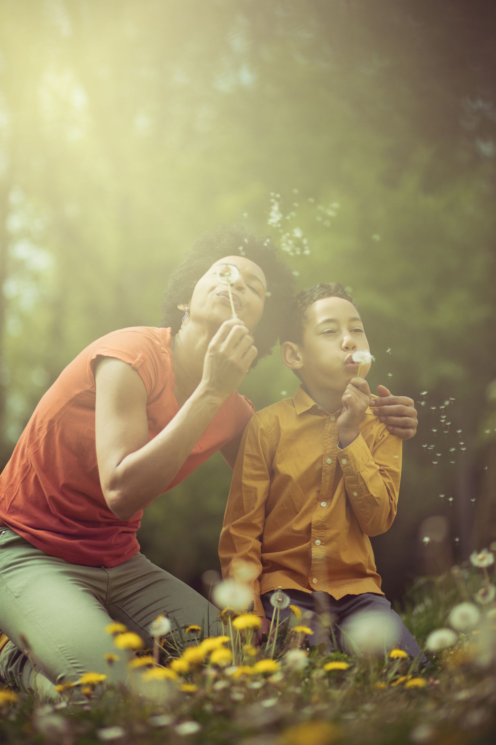 Adult and child blowing on dandilions.