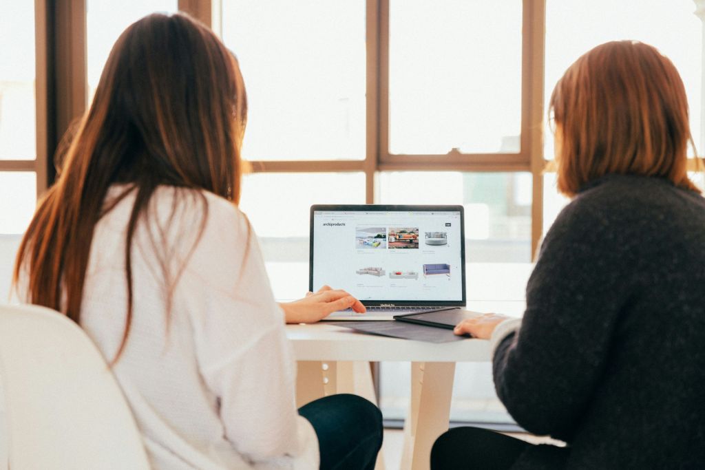 Two women working together in front of a computer.