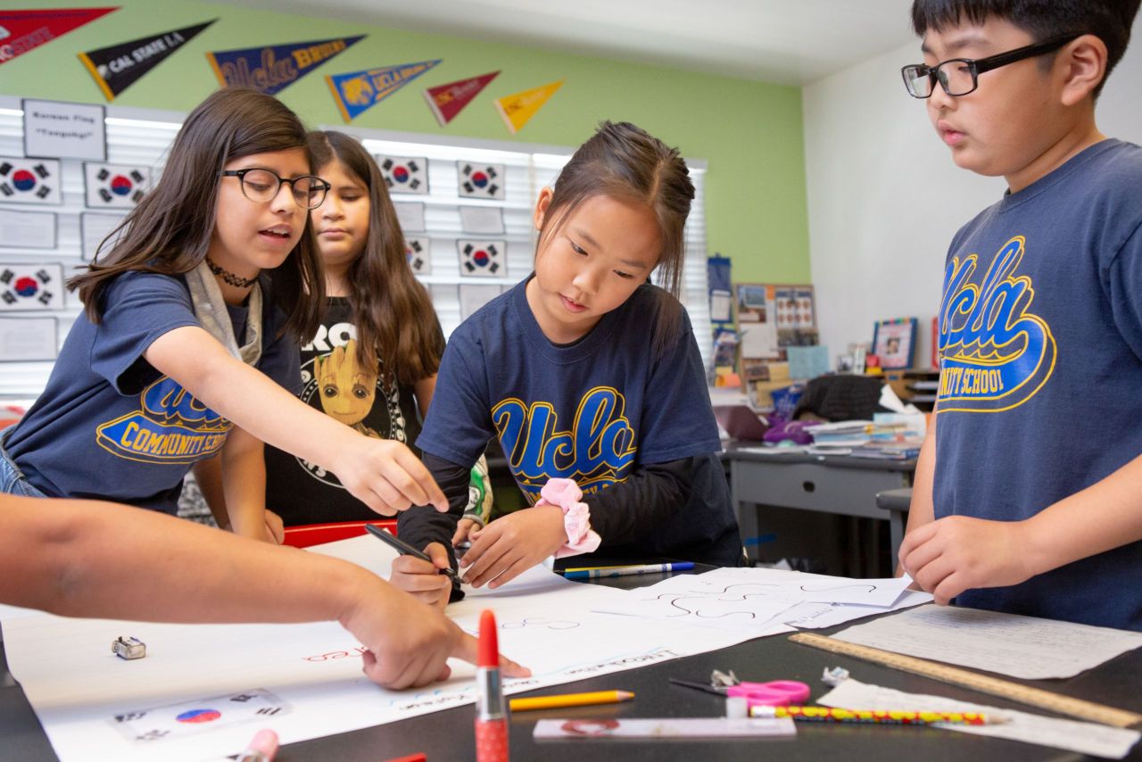 Students in a combined fourth- and fifth-grade class work together on a poster about the Lunar New Year.