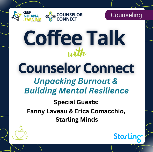 Graphic stating the title of the workshop: Coffee talk with counselor connect, Unpacking burnout & building mental resilience