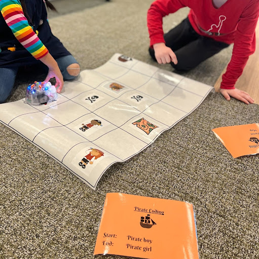 Students playing a game on a large sheet.