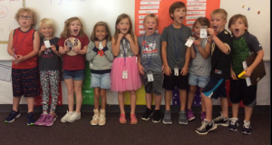 Students with brag tags.