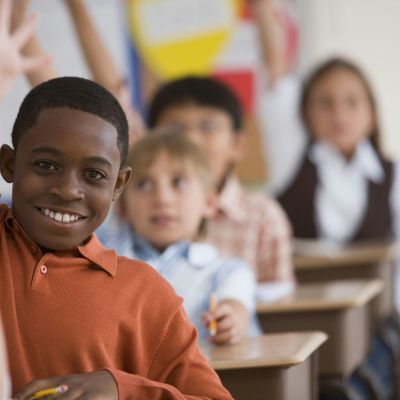 Young students holding up their hand, smiling, in class.