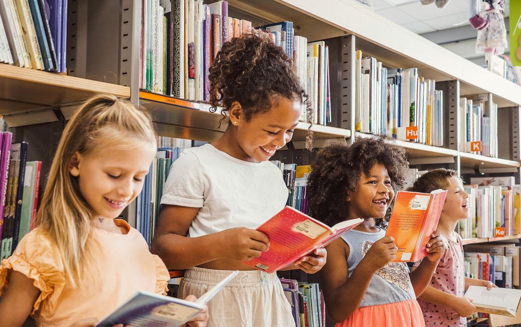 Students in a library.