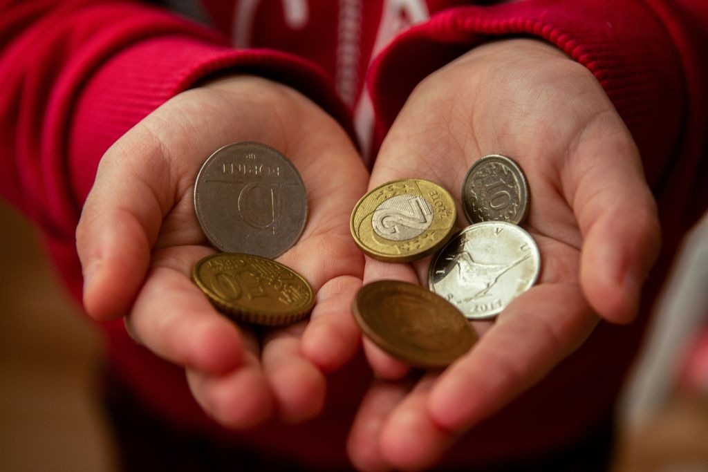 Child's hands holding assorted coins