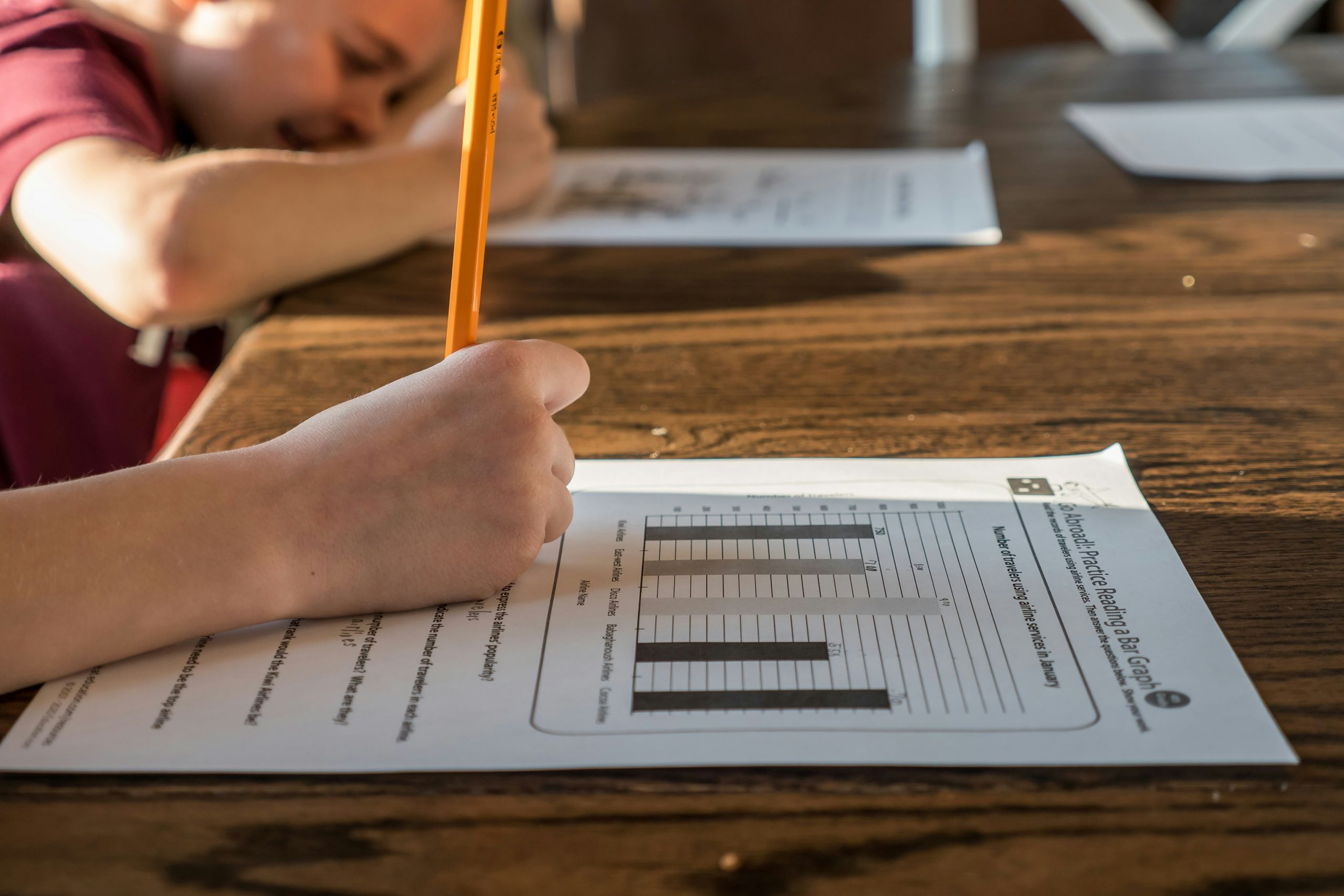 Photo by Jessica Lewis 🦋 thepaintedsquare for Unsplash+ Student holding a pencil writing on paper next to a bar graph