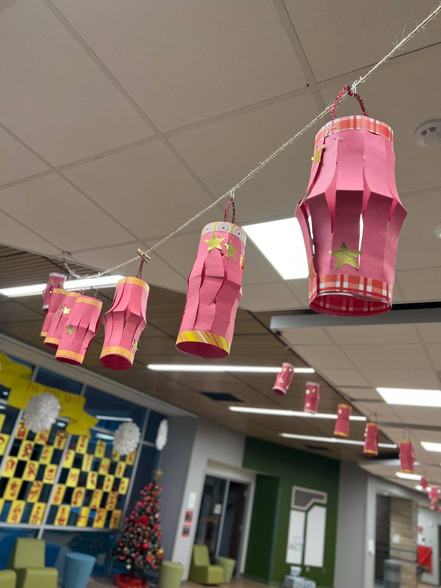 red paper lanterns hanging from ceiling