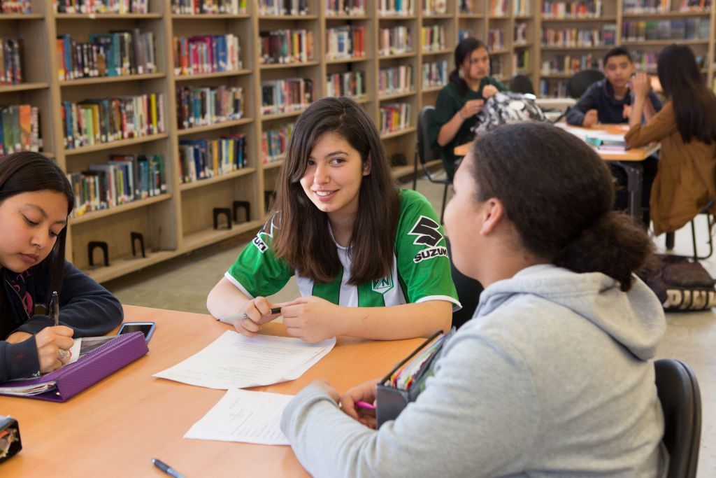 High school students working together in the library