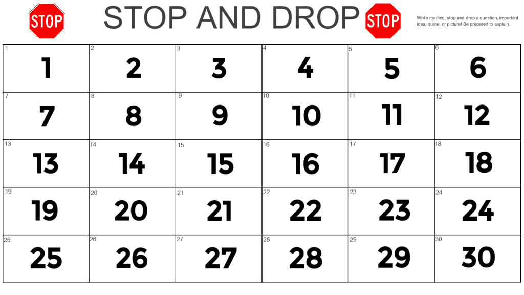 A grid of numbers 1-30 titled "Stop & Drop"