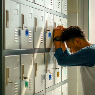 Teenager leaning forehead against lockers